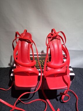 Red Strappy Lace-Up Women's Heels
